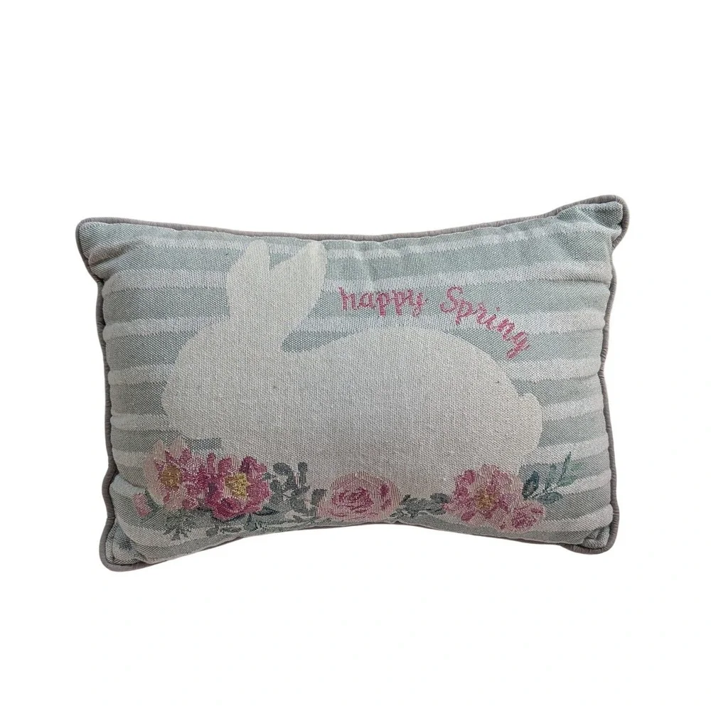 Happy Spring Bunny Floral Striped Lumbar Throw Pillow Blue‎ Pink 12x8